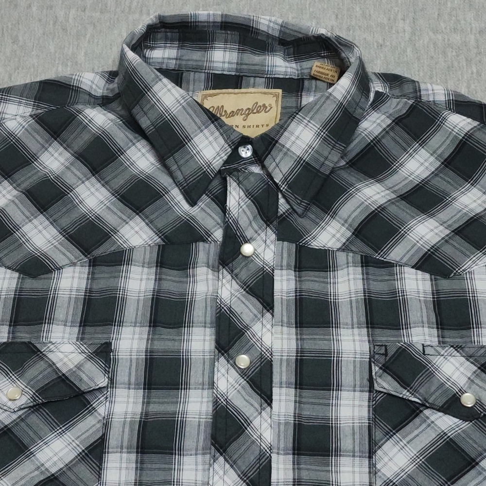 Wrangler Western Shirt Mens 2XL Black White Plaid Pearl Snap Short Sleeve